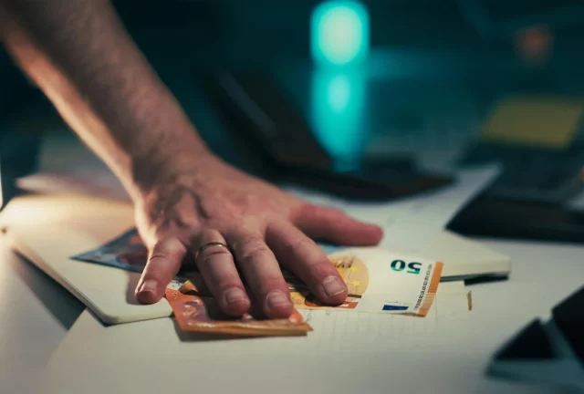 Hand placing euro banknotes on a notebook, illustrating the importance of financial Risk Management.