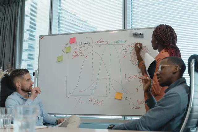 Diverse business professionals collaborate on a whiteboard, strategizing B2B Project Management through data analysis.