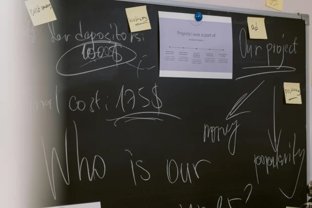 A chalkboard filled with brainstorming notes, financial figures, and a list of creative work for Project and Management analysis.