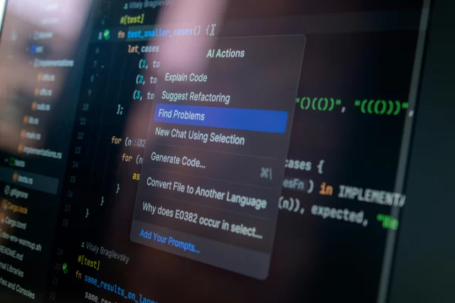 Code editor screen displaying an AI assistance menu, highlighting the role of automation in the Management of Operations.