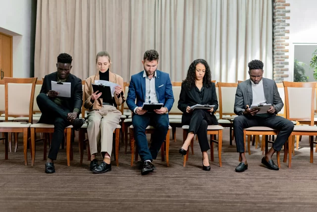 Five diverse professionals sitting in a row reviewing documents during an IT Consulting interview.