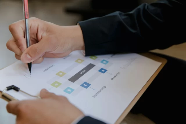 An implementation consultant fills out a flowchart planning document during a strategic brainstorming session.