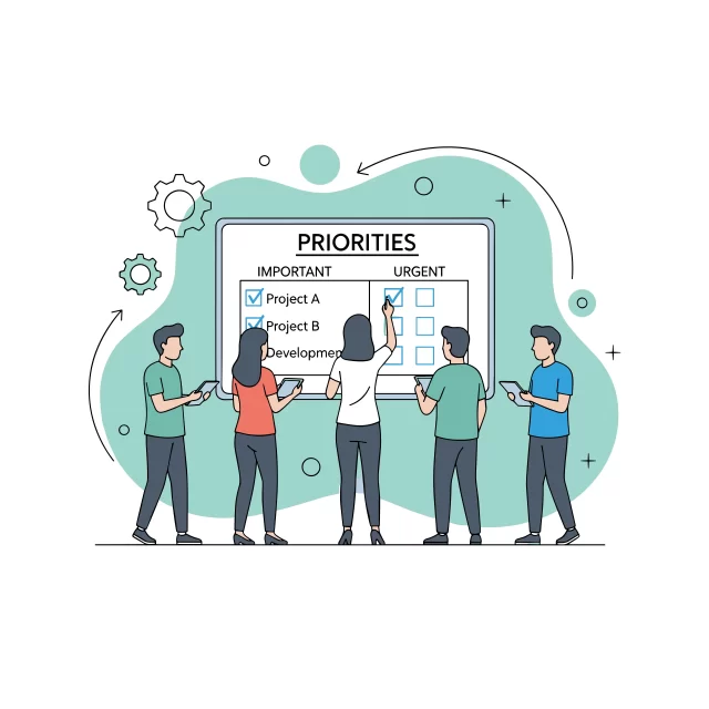 A team collaborates on a priorities board to optimize Scrum in Switzerland workflows.
