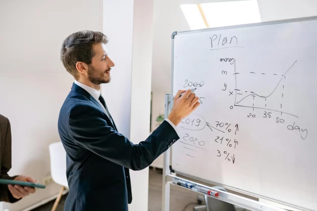 A Swiss Program Management Professional writes business growth projections on a whiteboard.