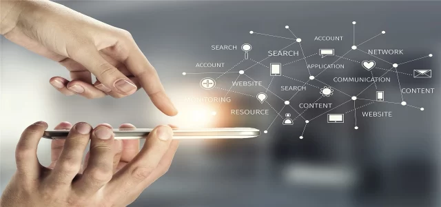 Hands interacting with a smartphone interface to manage a digital network for Swiss supply and chain management.