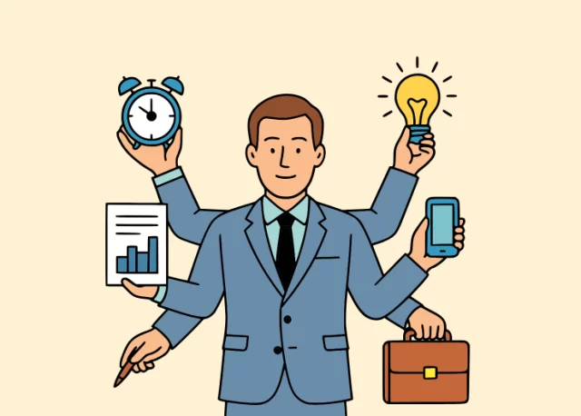 Professional balancing multiple tasks to represent effective change management in Basel.