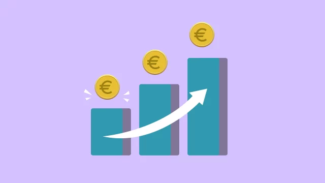 Bar chart showing ascending growth with euro coins to represent successful consulting returns.