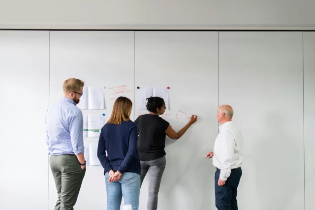 A professional team collaborating on a whiteboard during a manager project management session.