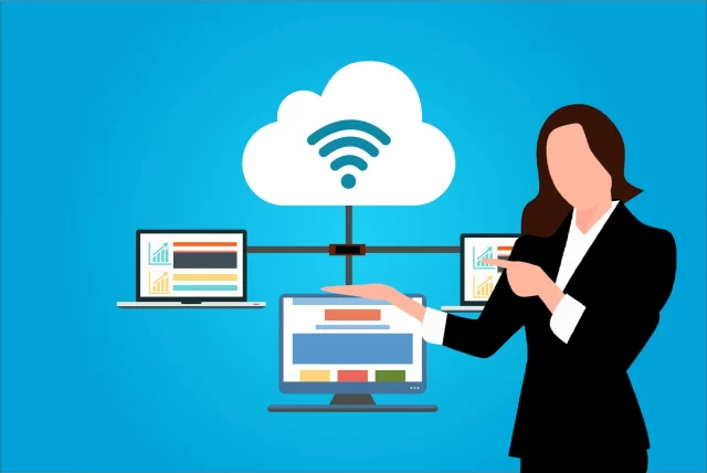 Businesswoman presenting a cloud-based network connection, representing Swiss Adaptive Software Development.