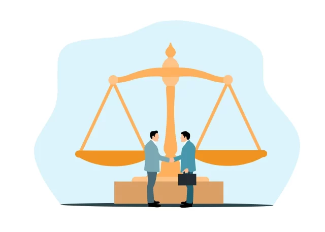 Two professionals shaking hands in front of a golden scale of justice to represent Swiss Risk Management Services.