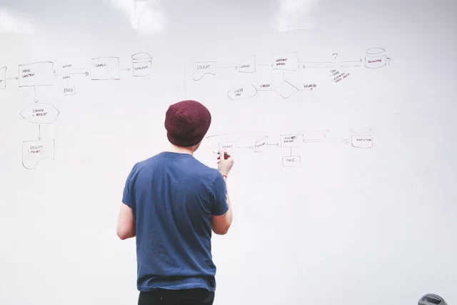 A man in a beanie sketches a complex automation workflow for Switzerland's PMO on a whiteboard.